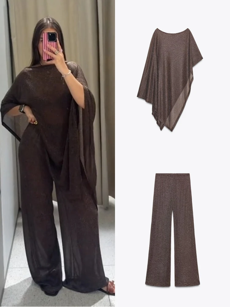 Brillante Lurex Irregolare Top Pantaloni Abiti Donna Sexy O-Collo Allentato Asimmetrico Magliette e camicette A Vita Alta Pantaloni Larghi Glitter Partywear