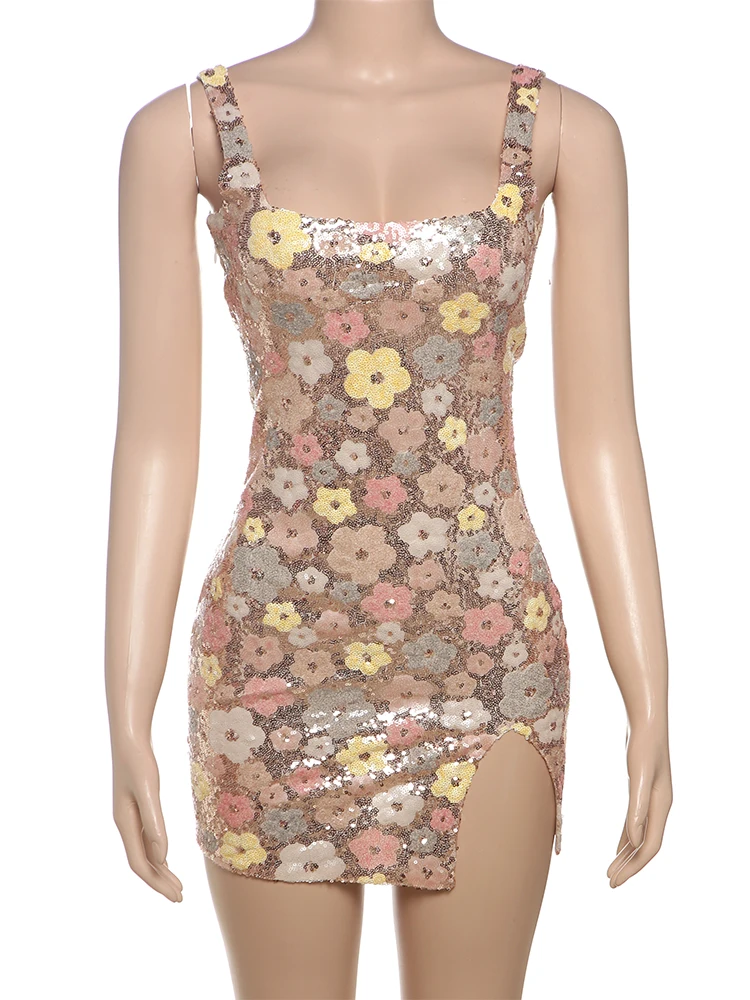 Insglas Sequins 미니 원피스 여성 꽃 인쇄 다채로운 패치 워크 스키니 백리스 민소매 휴가 트렌드 우아한 달콤한 의상