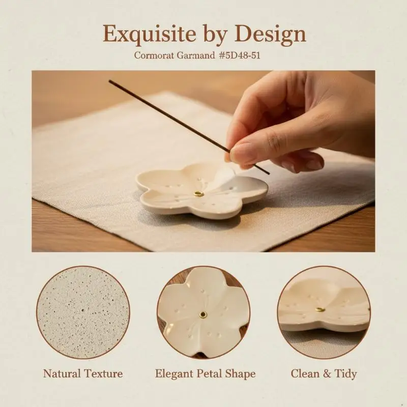 Ceramic Floral Shaped Incense Stick Holder With Ash Catcher Smooth Surface for Meditation Home Living Room Decor
