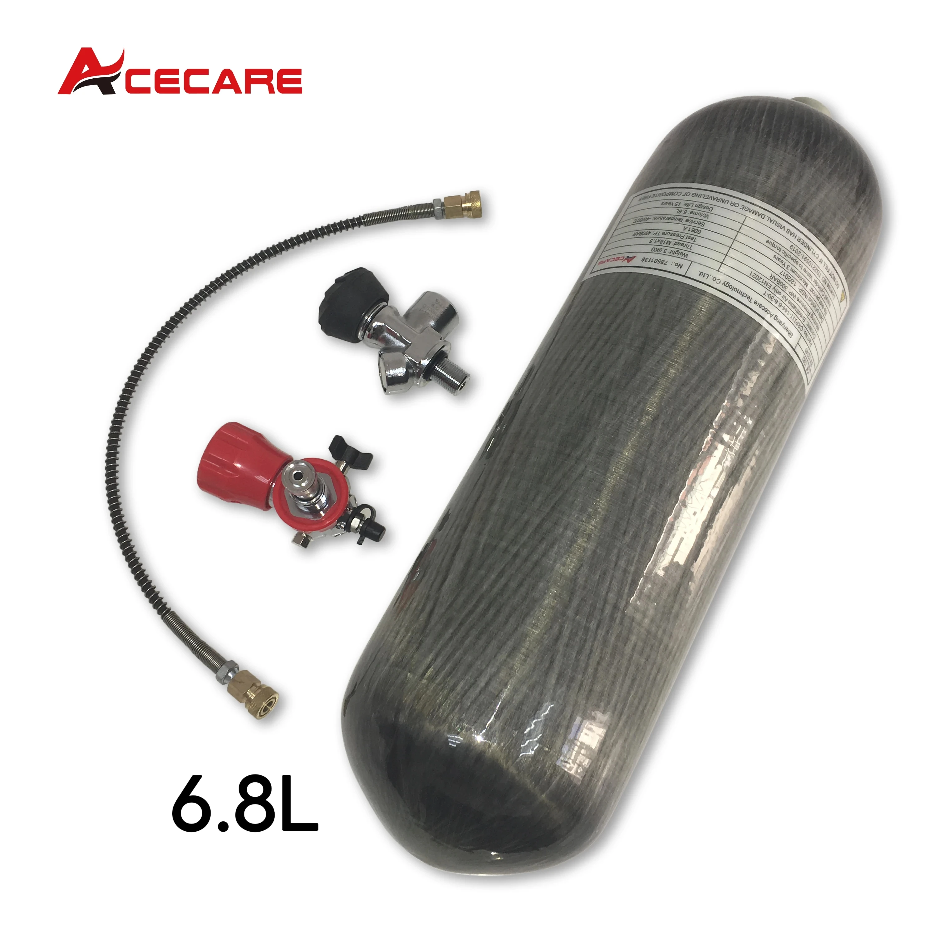 Acecare-バルブとフィラーステーションバルブ付きカーボンファイバーシリンダー,高圧スキューバダイビング,300bar,4500psi, 6.8l