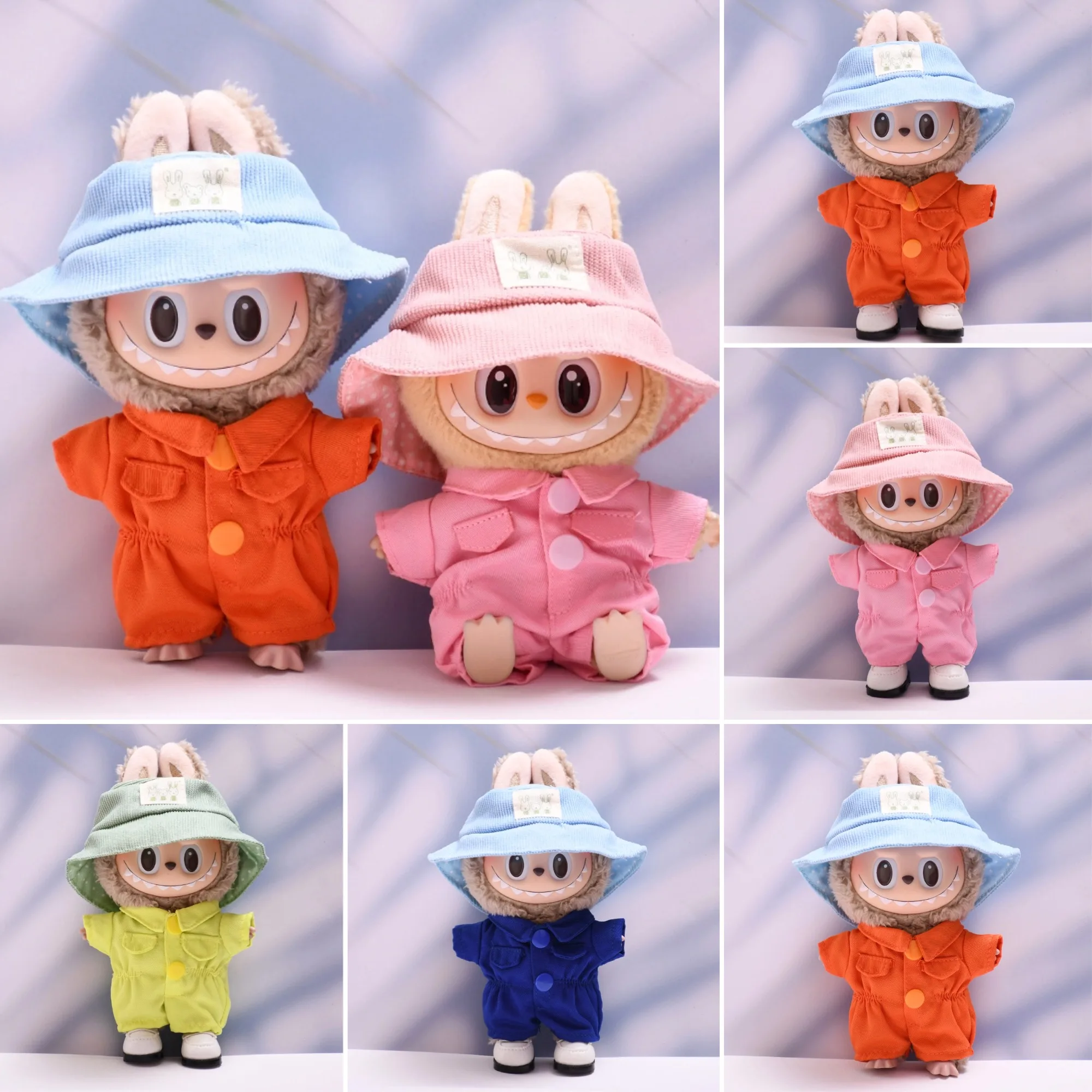 

15/17cm Cute Labubu 1st3rd Gen Dolls Adorable Workwear Outfit Set Colorful Jumpsuits Bucket Hats DressUp Costumes Accessories