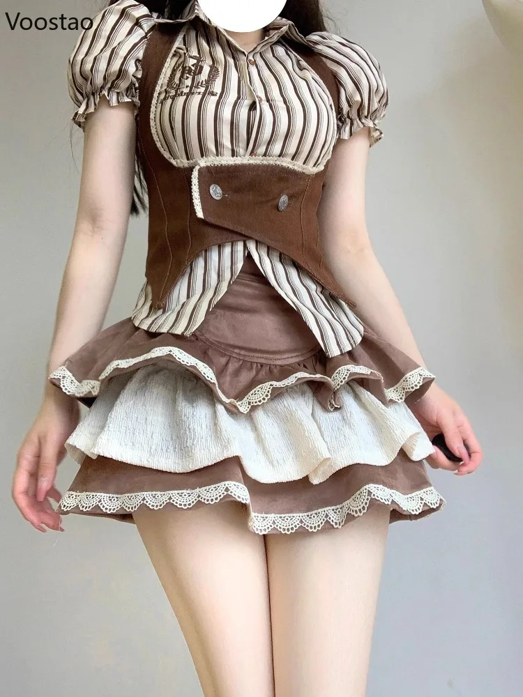 Ensemble de jupe de style Lolita douce japonaise pour femmes, chemise à rayures Kawaii, volants en dentelle en Y, mini jupes de gâteau trempées, tenues coréennes Y2K