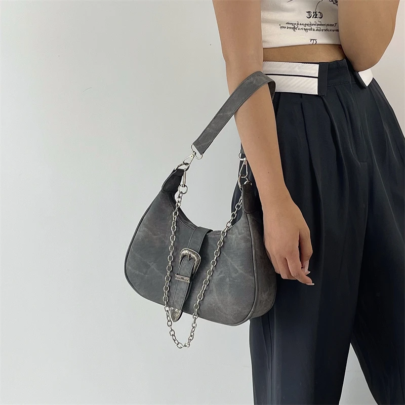 Vintage Gray Underarm Bags for Women Fashion Cool Girls All-match Chain Single Shoulder Bag High Quality Female Totes