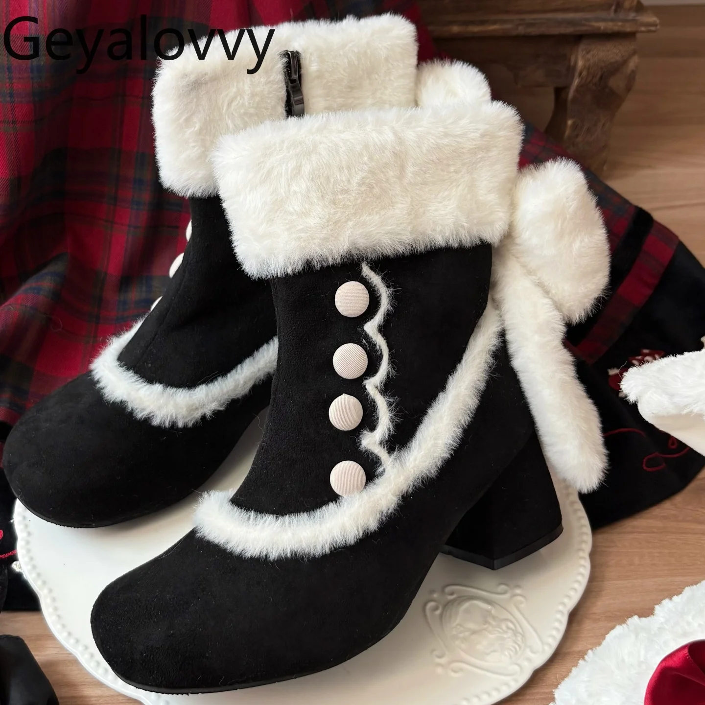 

Original Sweet Bow Mid-Heel Elegant Women's Boots Mid-Calf Lolita Short Round Toe Chunky Heel Autumn Winter Snow Boots
