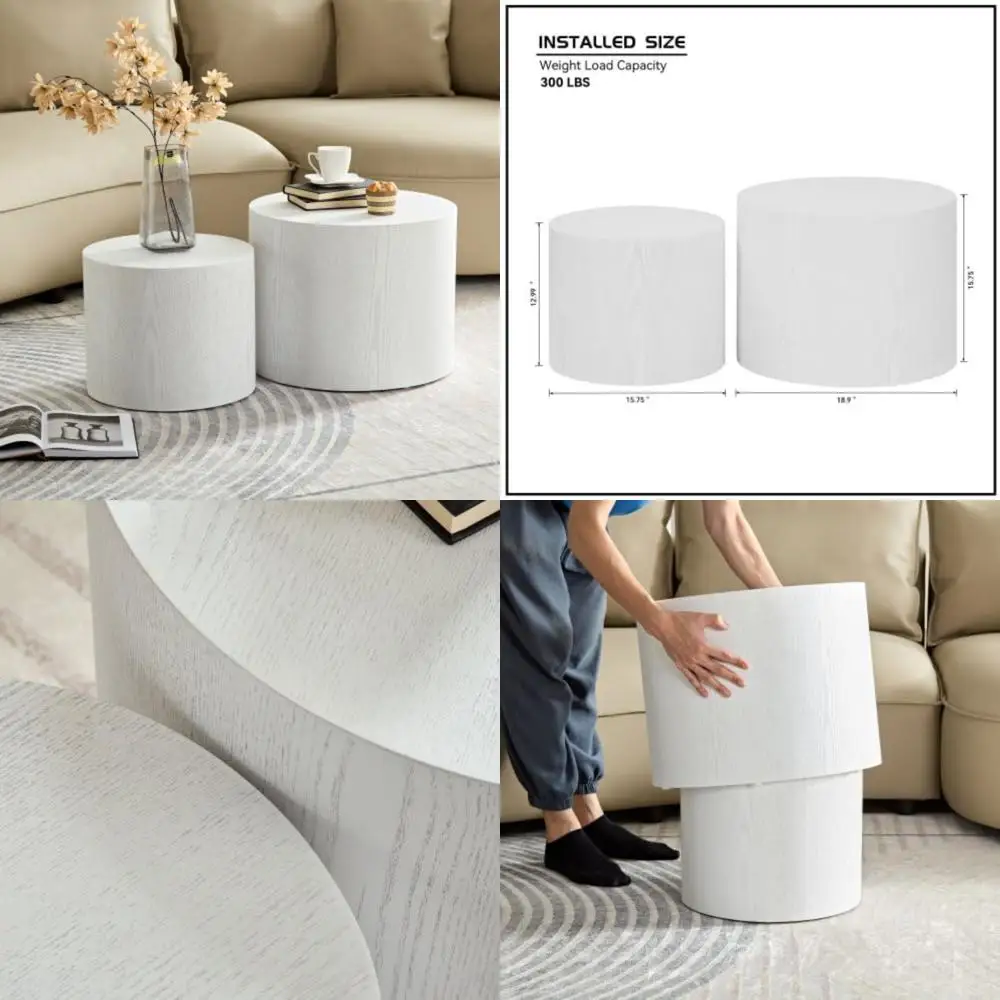 زوج من طاولات القهوة المستديرة: متداخلة خشبية وطاولات جانبية ذات أسطوانة دائرية صغيرة للاستخدام في غرفة المعيشة والمكتب #1