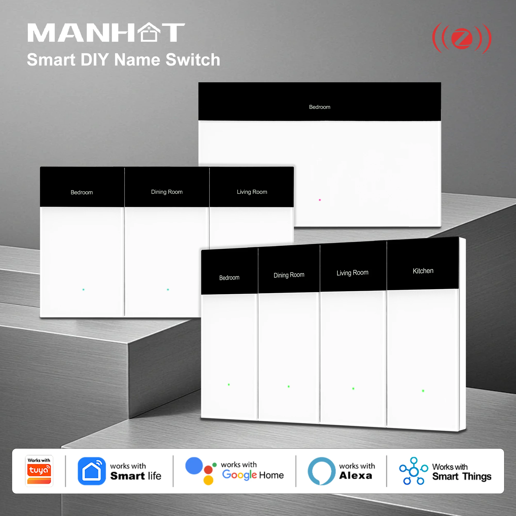 MANHOT Zigbee Smart DIY Name Switch Horizontal Wall Light Switch Display Screen 1/2/3/4 Gang Push Button With Smart Life Alexa