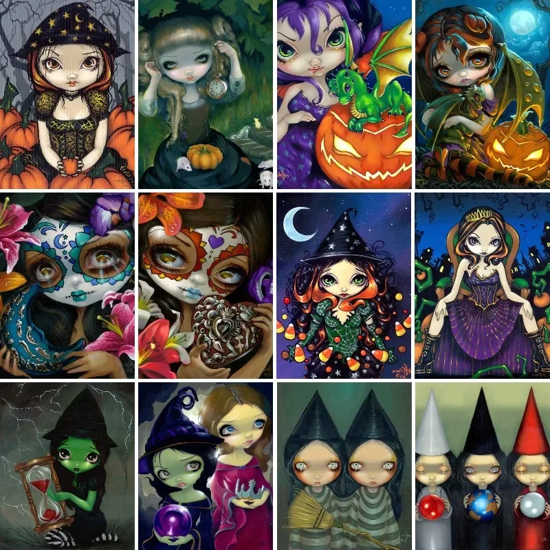 

Diy 5d Horror Halloween Pumpkin Diamond Embroidery Painting Big Eye Cartoon Witch Girl Cross Stitch Handwork Gift Home Decor