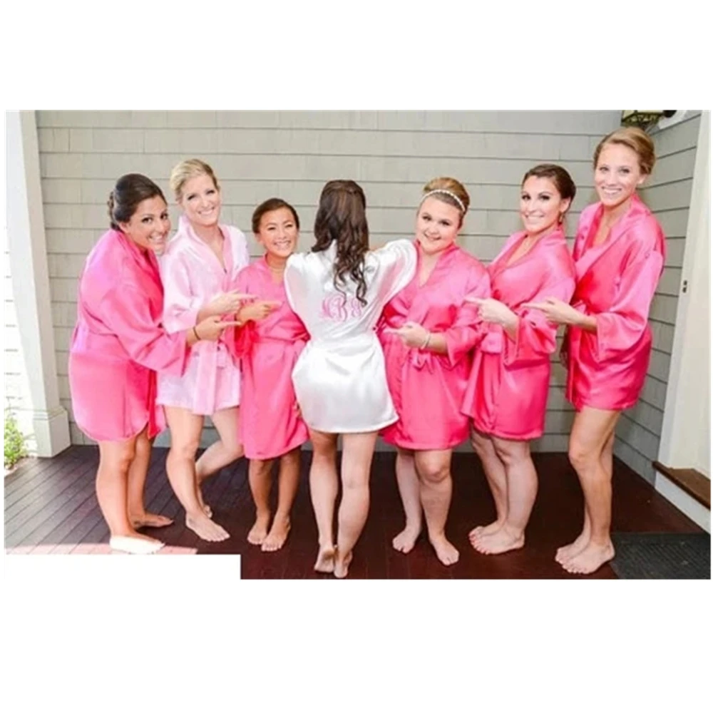 Personalized printed wedding Bachelorette Bridesmaid bride satin pajamas robes maid of honor kimonos gifts party decorations