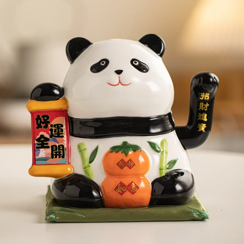 6 Inch Ceramic Beckoning Panda Figurine with Gift Box and Elegant Cushion, Battery-Powered Waving Hand Fortune Panda Ornament
