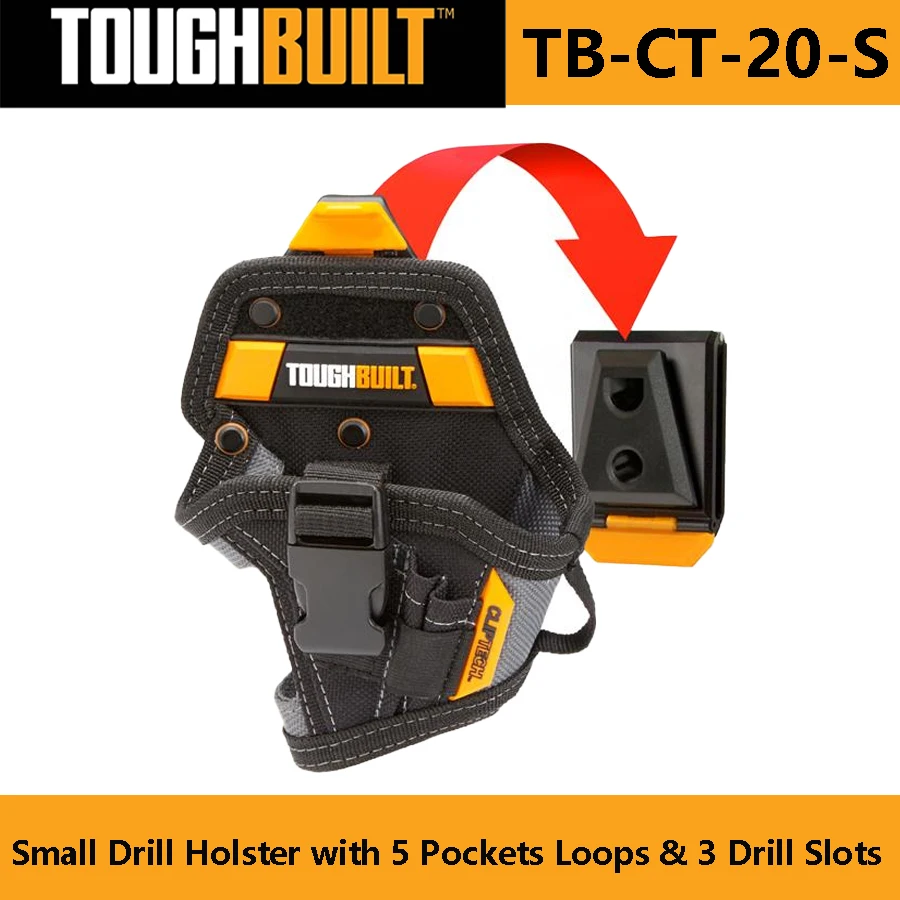 ToughBuilt TB-CT-20-S Small Drill Holster with 5 Pockets Loops and 3 Drill Slots Sturdy Portable Tool Bag Compact Drill Holster