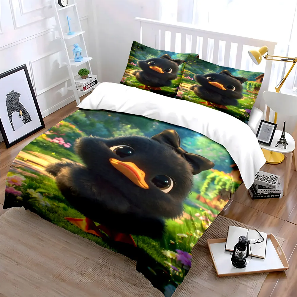 Black duckling with bow cartoon Print Bedding Set 1 Duvet Cover 2 Pillowcases for Adult and Children Luxury Gift Full Size