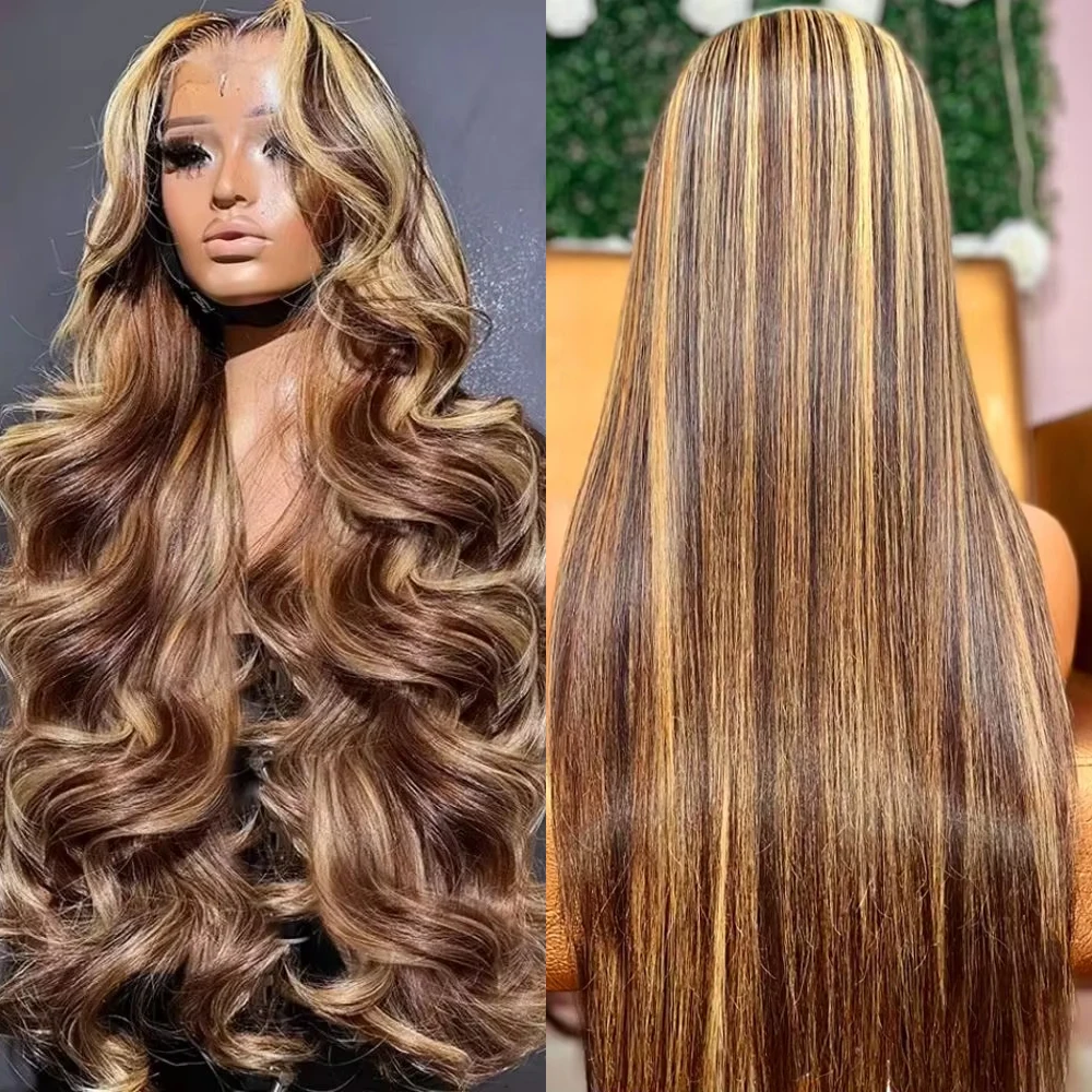 

200% Density Highlight 13x4 HD Lace Frontal Human Hair Wigs Peruvian P4/27 Color Transparent Lace Front Wig For Women 30 32 Inch
