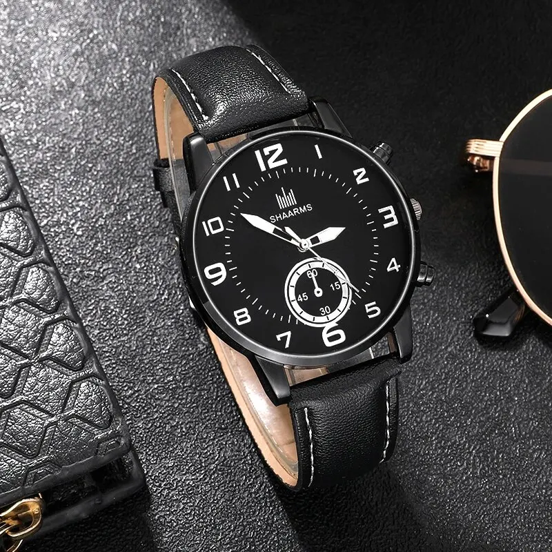 2Pcs Set Fashion Mens Watches Leather Band Quartz Wrist Watch Men Luxury Business Watches Men Minimalist Black Watch