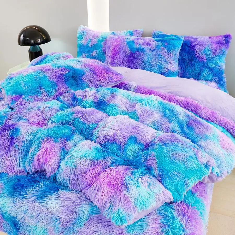 

Blue Purple Fluffy Twin Bedding Sets for Girls 3Pcs Faux Fur Plush Shaggy Kids Duvet Cover Set Twin Size Tie Dye Velvet Furry Co