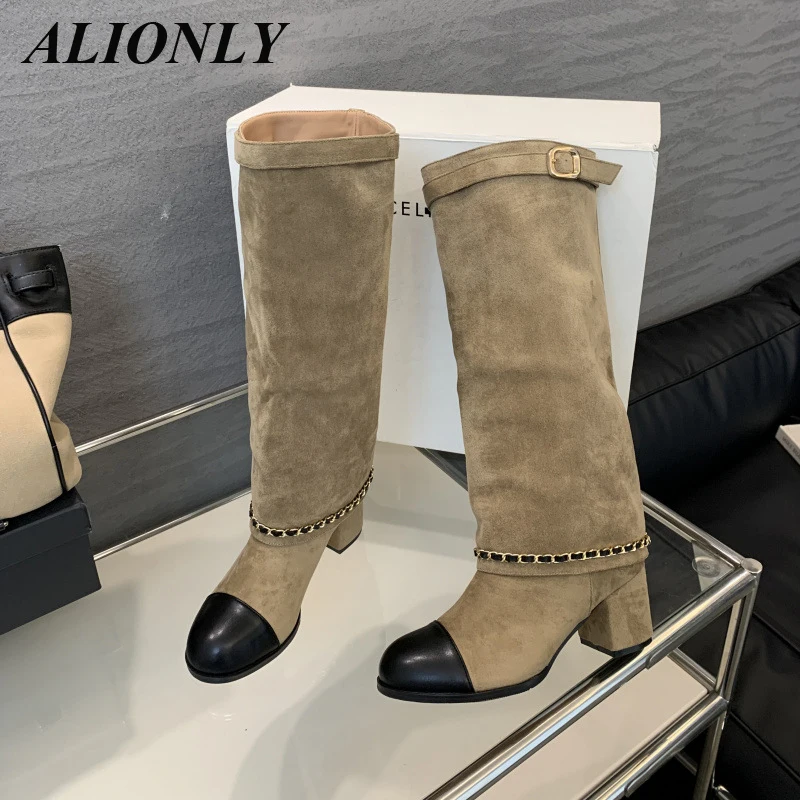 Alionly 2024 New Autumn Pointed Toe Knee-High Boots Women Designer Vintage Square Low Heels Shoes Modern Long Botas Para Mujer