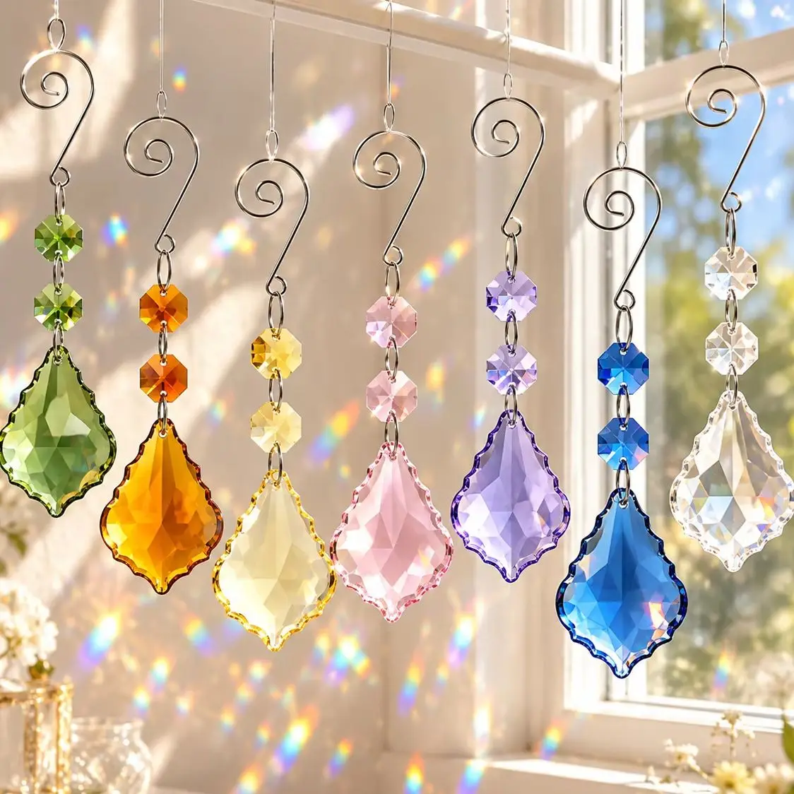 Multicolor Leaf Crystal Suncatcher, Rainbow Light Prism Hanging Ornament, Pendant for Window Home Wedding Decoration Gift