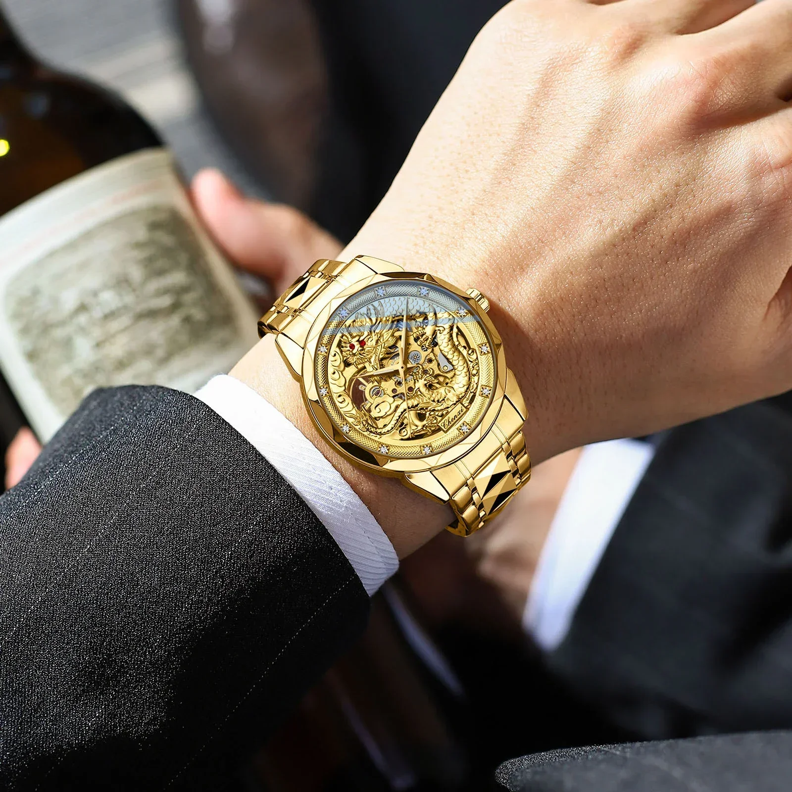 

CHENXI Dragon Design Pattern Золотые роскошные автоматические часы Мужские механические часы из нержавеющей стали