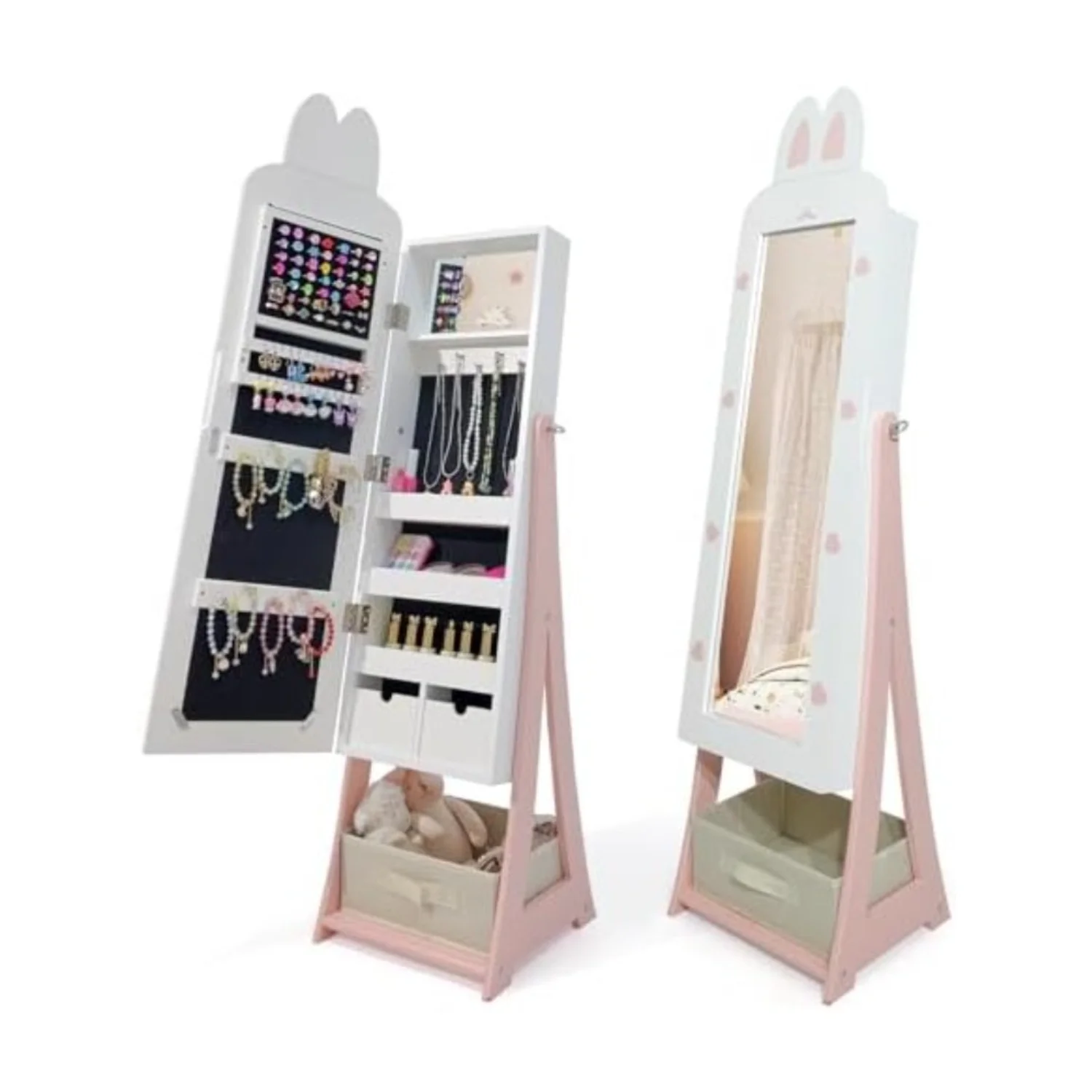 45.5" Kids Jewelry Armoire with Mirror, White | Standing Organizer with Removable Drawers, Cute Rabbit-Shaped Dress Up
