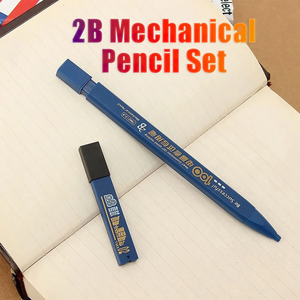 2B Mechanical Pencil Set Including 1 Pencil 6 Lead Pieces Black Lead No-Sharpening Lead Convenient Practical Student Solid Color