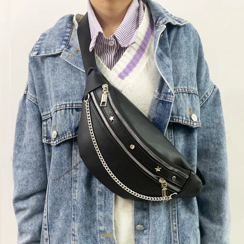 Punk Style Women's Waist Bag PU Leather Black Chest Bags Chain Banana Funny Pack Female Belt Bag Purse 1 Piece