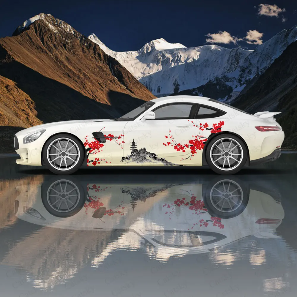 

Виниловые наклейки для горных автомобилей с красным цветком сливы, самоклеящаяся наклейка из ПВХ, подходит для грузовиков, внедорожников, декор, автоаксессуары, подарок