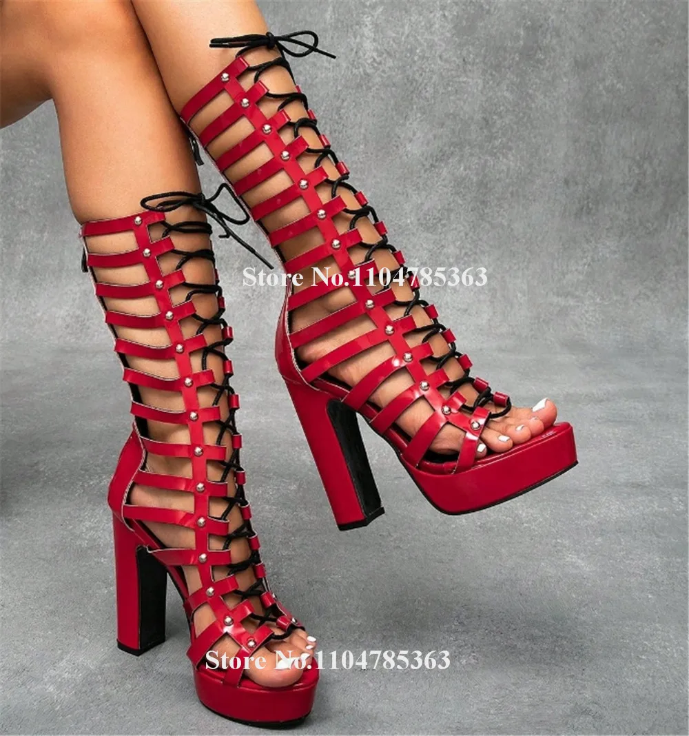 

Red Patent Leather Straps Cross Chunky Heel Mid-calf Gladiator Boots Lace-up Cut-out High Platform Thick Heel Long Sandals