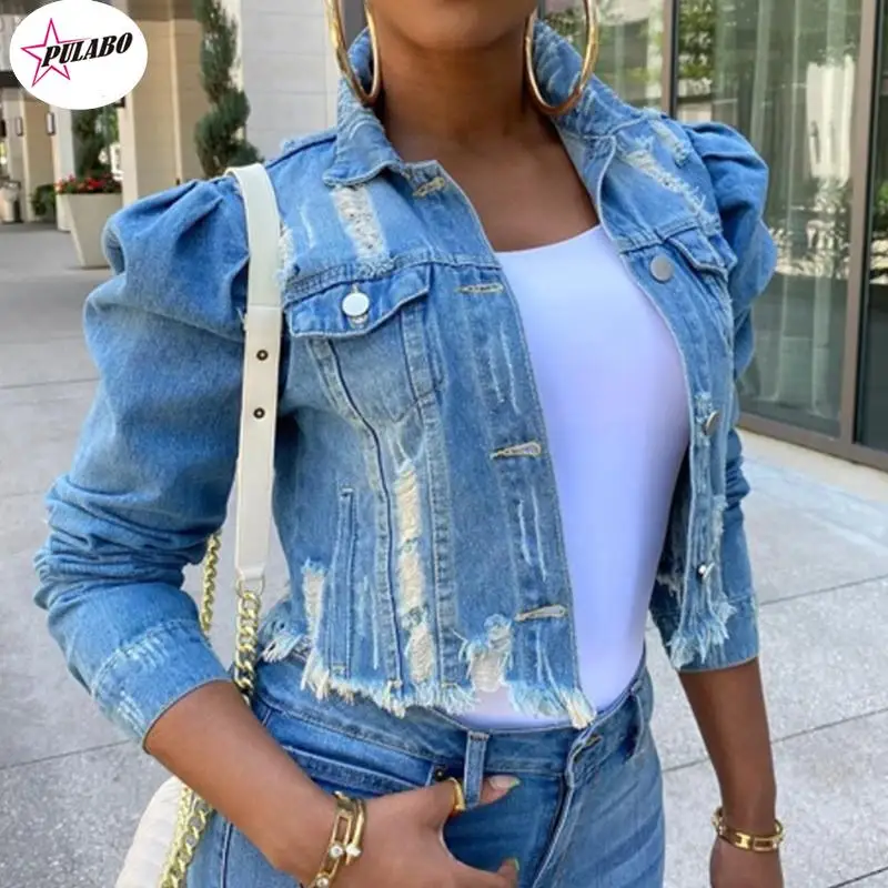 PULABO Big Sale Spring Women Sexy Ripped Denim Jackets Vintage Casual Short Jean Jacket Puff Sleeve Winter Female Coat