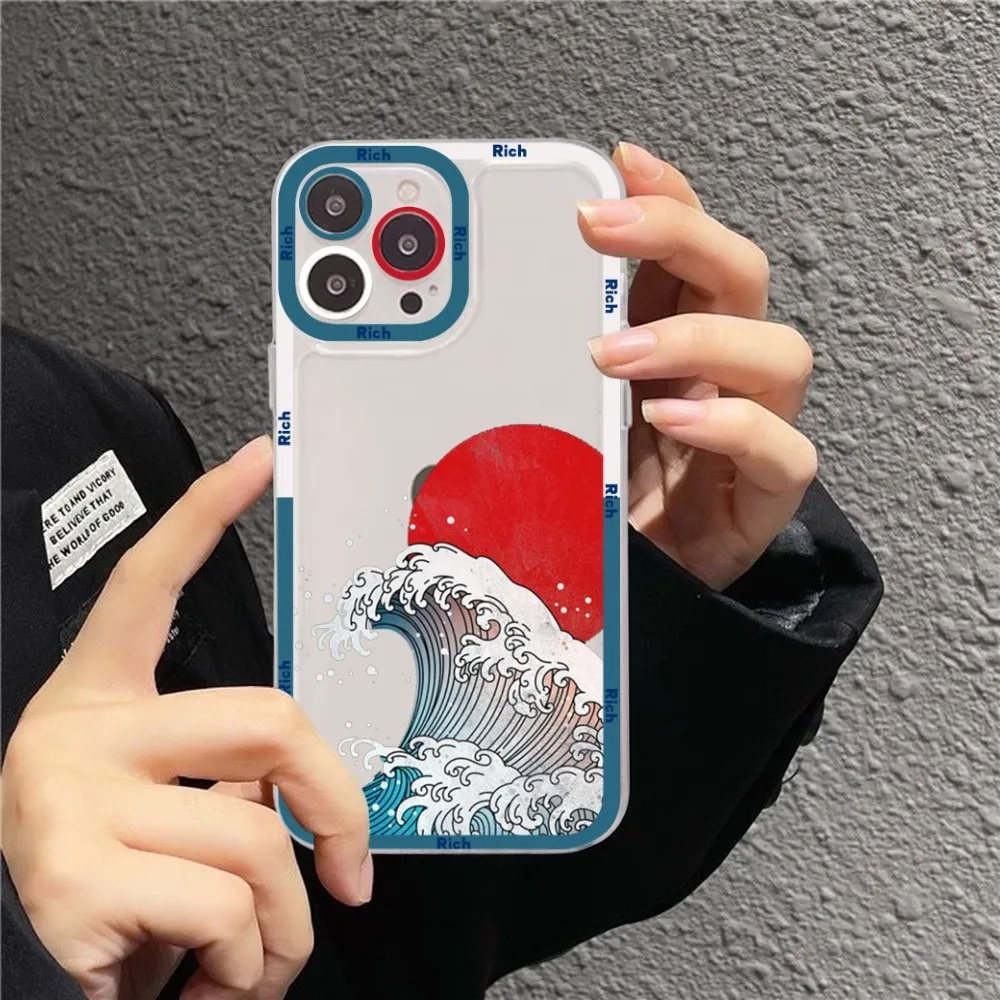 Japanese Illustration Waves Phone Case For IPhone 15 11 12 13 14 Mini Pro Max XR X XS TPU Clear Case