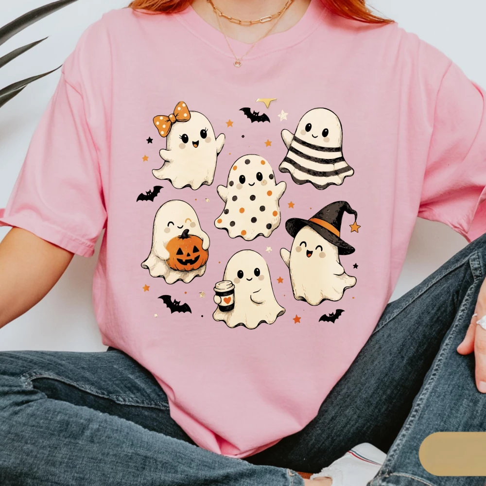 Spooky Season Halloween Shirt Autumn Ghost Shirt Fall Graphic Tee Goth Streetwear Bow Witch Hat Pumpkin Tops Unisex Cotton Tee
