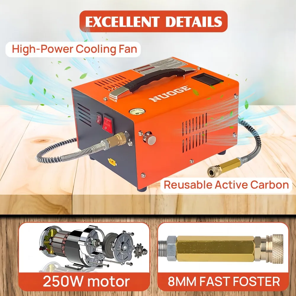 NUOGE 110V/220V PCP Air Compressor 4500Psi 30Mbar High Pressure Large Filter Oil/Water Free For Submersible Bottles