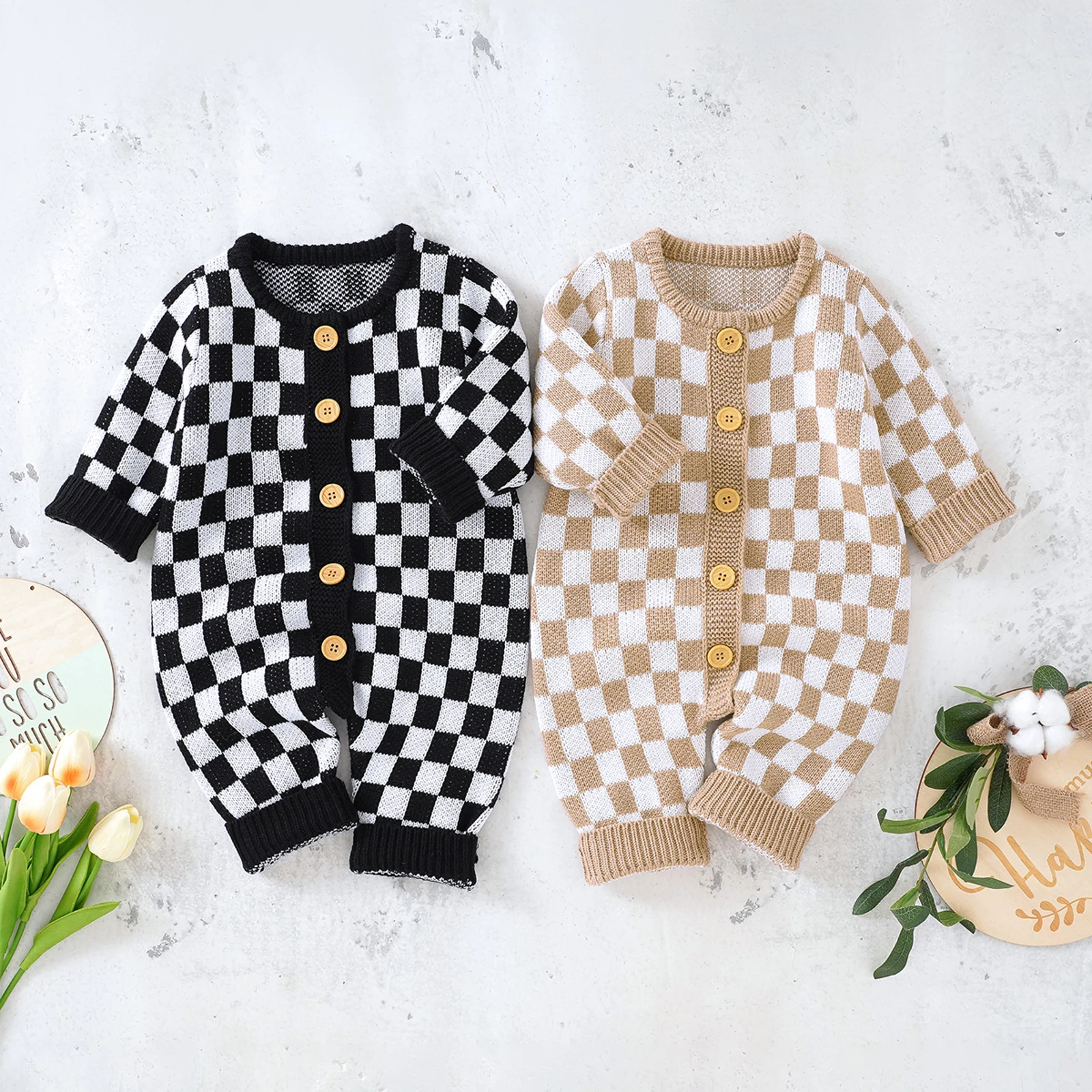 Infant Baby Girl Boy Knitted Sweater Romper Jumpsuit Checkerboard Plaid Print Long Sleeve Button Down Bodysuit Playsuits Clothes