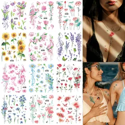 12 Sheets Glitter Flower Temporary Tattoo Stickers For Women Body Art Fake Tattoo Sexy Sunflower Little Daisy Waterproof Tattoos