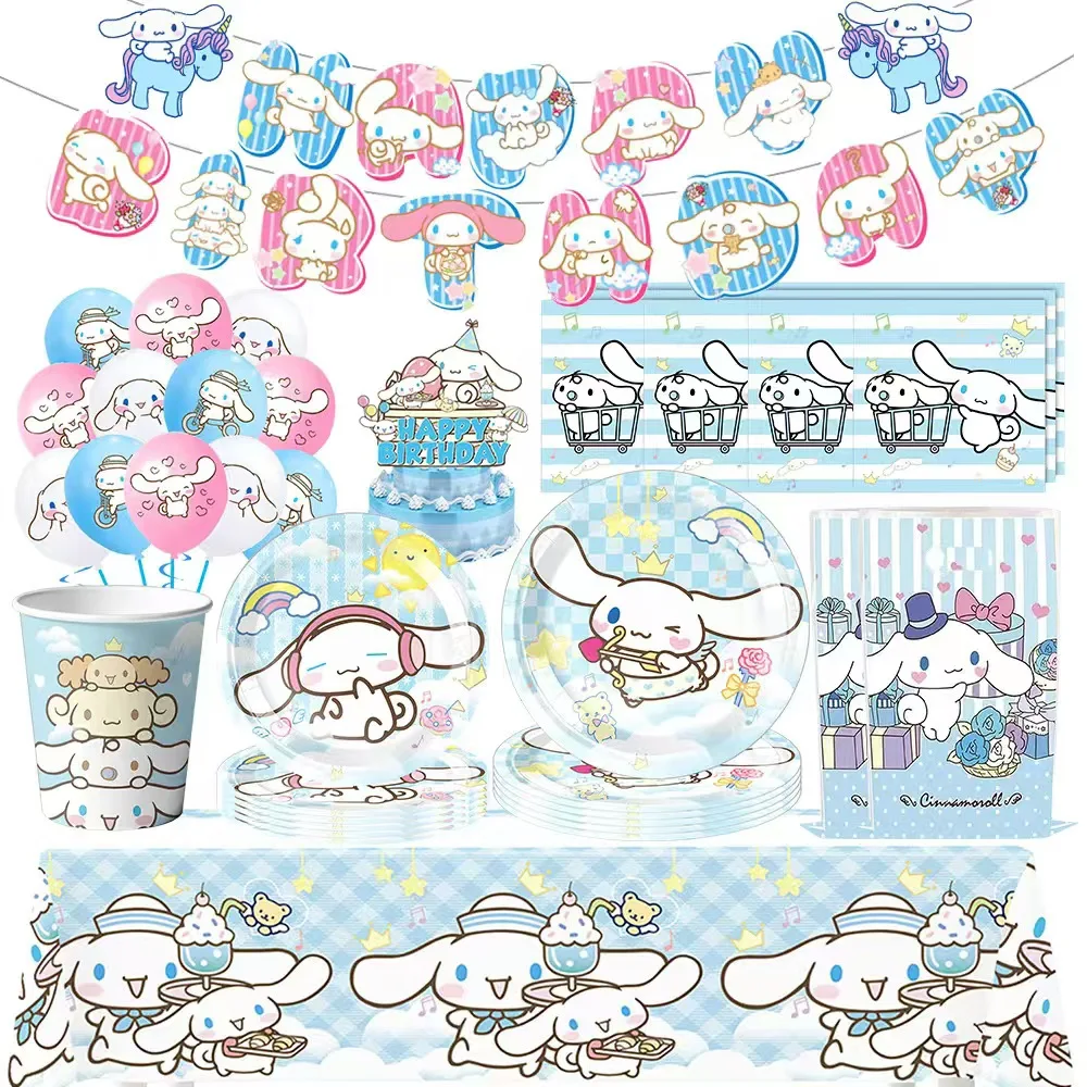 Hot Sanrio Birthday Party dinnerware Disposable Banner Cake Topper Hanging Flag Cute Dog Cinnamoroll Balloon Birthday Decoration