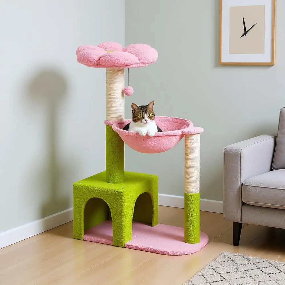 

Lower Cat Tree with Large Metal Hammock, 35 Cute Cat Tower with Sisal Scratching Posts for Small Indoor Cats, Cat Condo with Pin