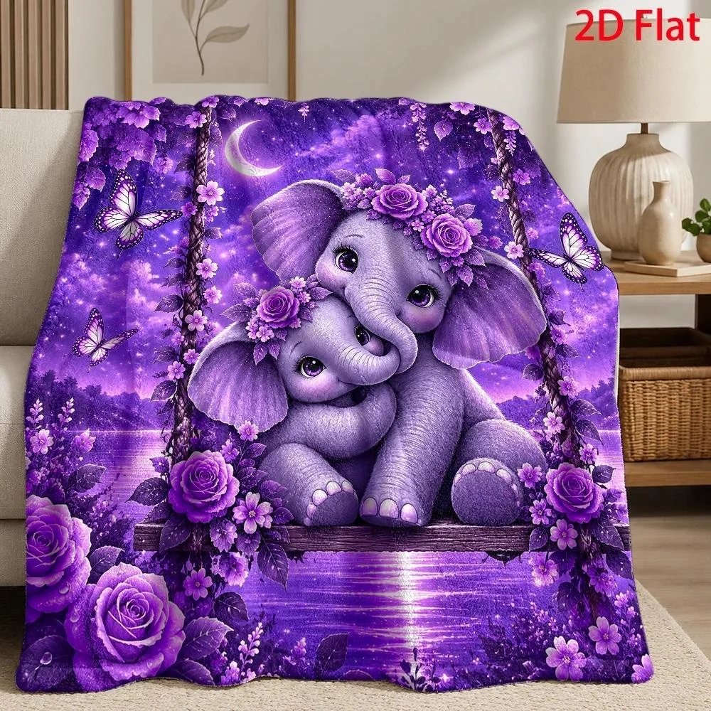 Purple Floral Elephant Butterfly Moon Print Fleece Throw Blanket Soft Warm Lightweight Blanket for Sofa Couch Bed Dreamy Nature