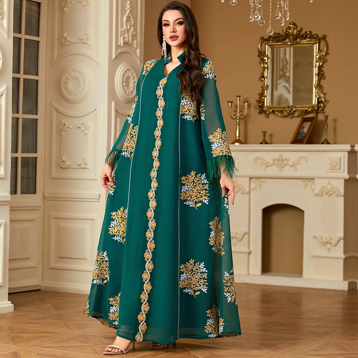 Eid Abayas pour femmes plume caftan Robe musulmane broderie turquie Caftan Marocain Femme Robe Islam vêtements Jalabiya robes