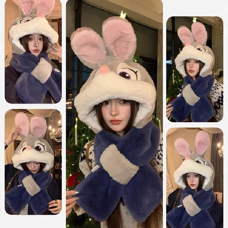 Disney Bunny Ears Plush Hat Scarf Combo Warm Fleece Set Cute Winter Gift for Her Christmas Holiday Cold Weather Fashion
