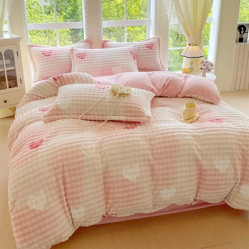 2025 New Printed Class A Rabbit Plush Milk Plush Four-piece Winter Thickened Warm Sheet Student Dormitory Bed Kit