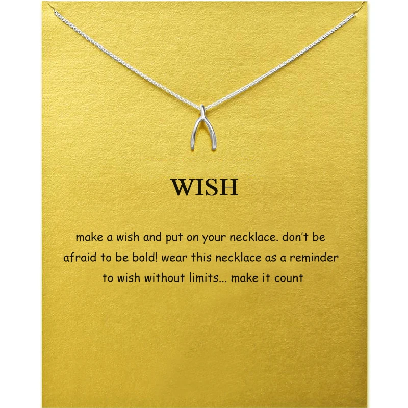 Lucky Wishbone Pendant Necklace for Women Girls Unique Alloy Jewelry with Message card Make a Wish Gift For Valentine's Present