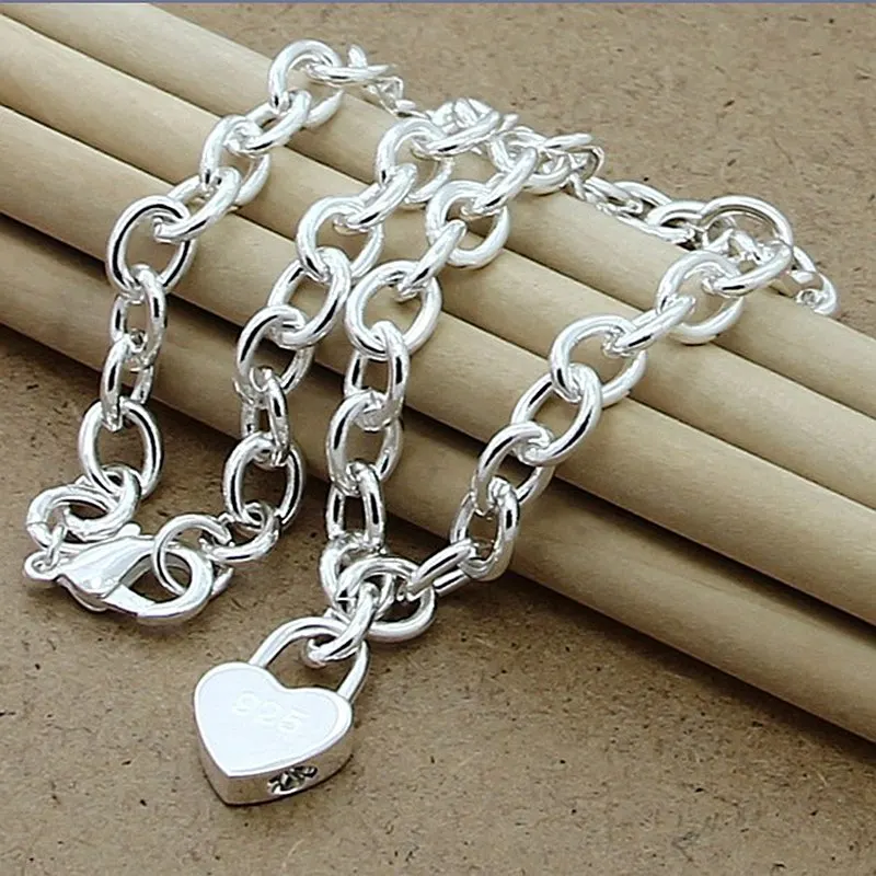 

925 Sterling Silver Heart Lock Pendant Necklace 18 Inch Chain For Women Wedding Engagement Fashion Jewelry