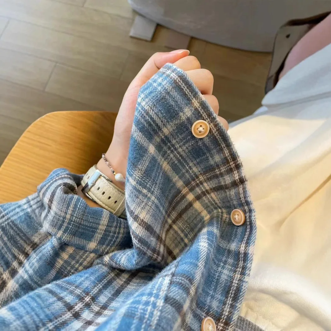 Women's Blue Plaid Cotton Long Sleeve Shirt Jacket Spring Autumn Elegant Turn Down Collar Check Shirt Retro Female Blouse