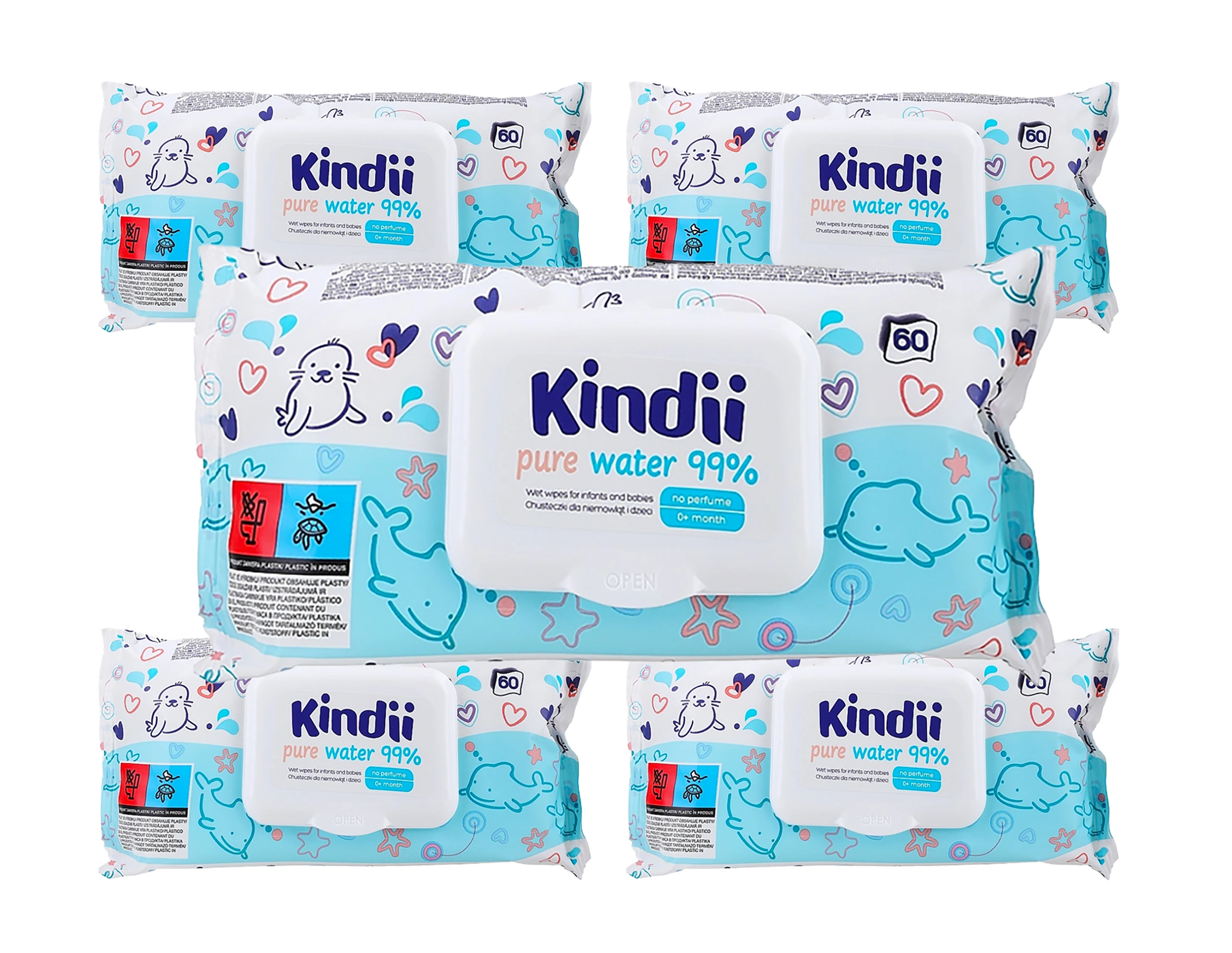 Kindii Pure Water Chusteczki nawilżane dla niemowląt - Woda o Czystości 99% x5 opakowań