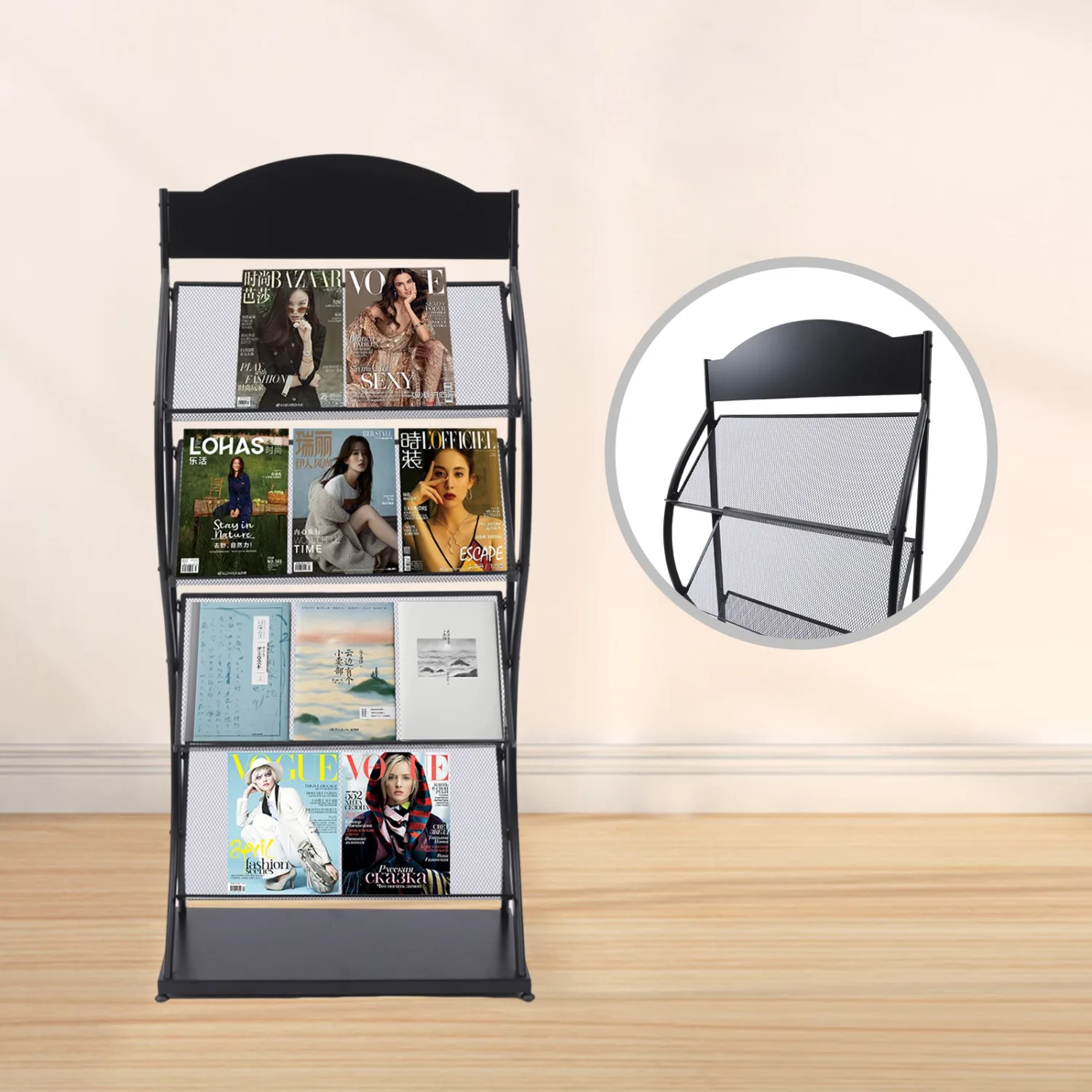 4 Tier Portable Black Metal Magazine Rack Stand, Floor-Standing Newspaper Storage Rack, Literature Holder Bookshelf