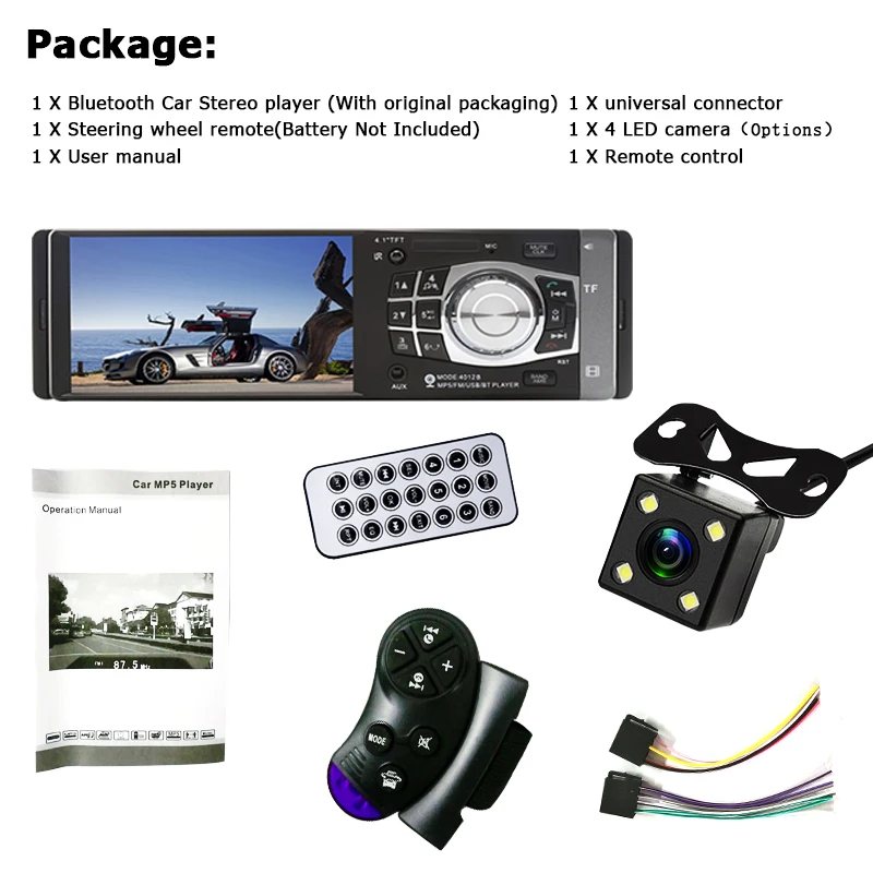 

4,1-дюймовый автомобильный MP5-плеер Bluetooth с пультом дистанционного управления на руле — модель 4012B1