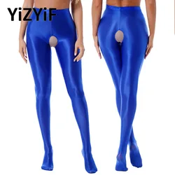 Womens Glossy Crotchless Pantyhose Sexy High Waist Oily Shiny Tights Leggings pants Exotic Wetlook Open Crotch  Nightwear