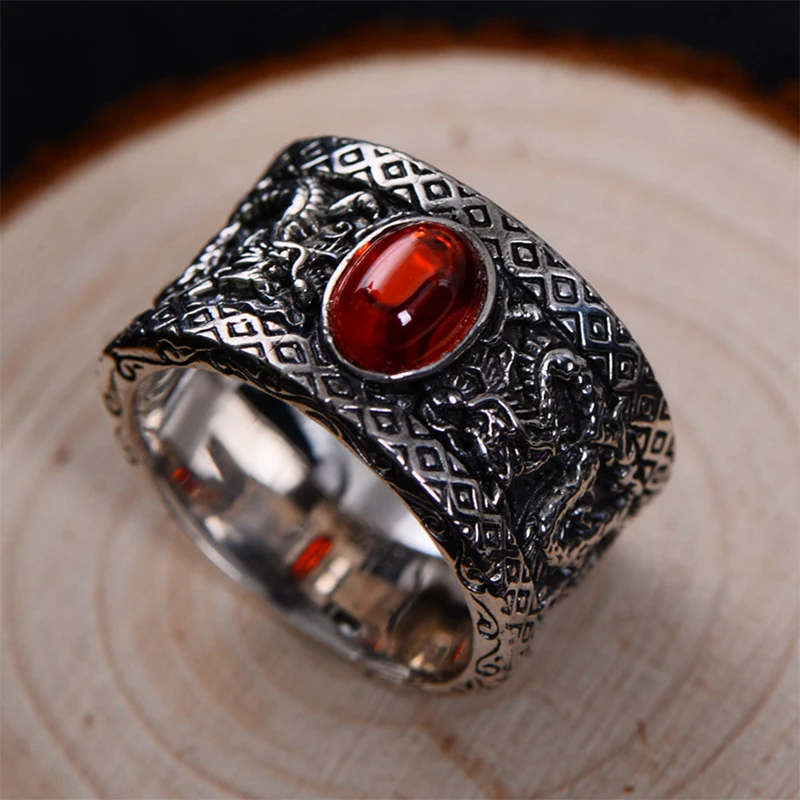 

Retro Thai Silver Garnet Black Agate Double Dragon Playing with Beads Wide Domineering S925 Sterling Silver Ring