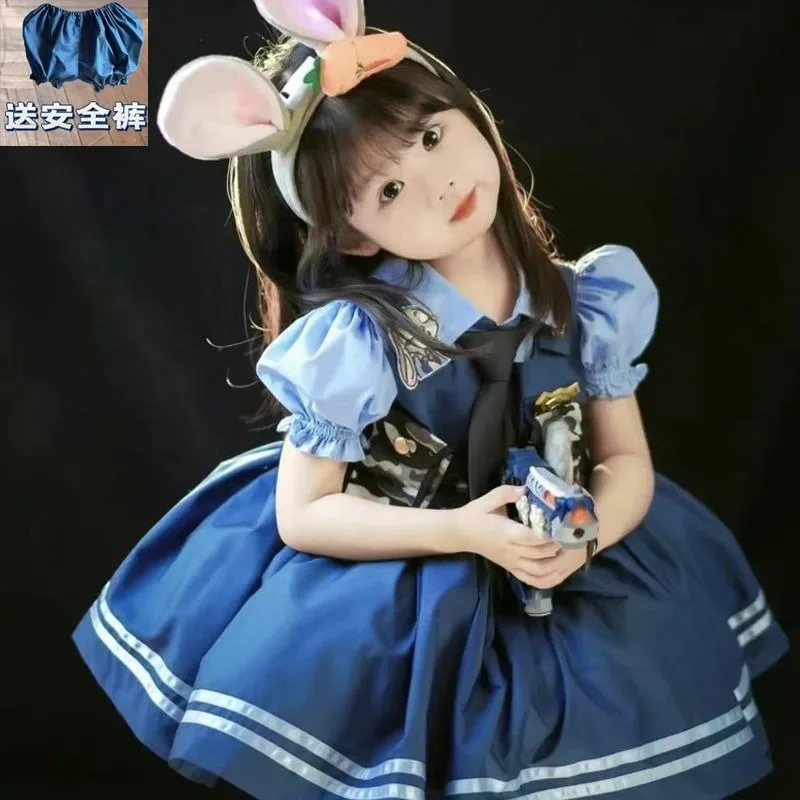 Disney Cosplay Judy Police Officer Bunny Children's Cute Fashion Spring and Summer Dress Girls Lolita Halloween Princess Dress