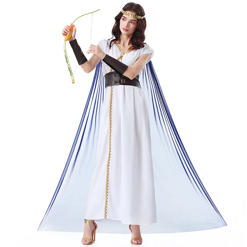 

Halloween Party Athena Goddess Costume White Long Dress with Blue Cape Performance Suit