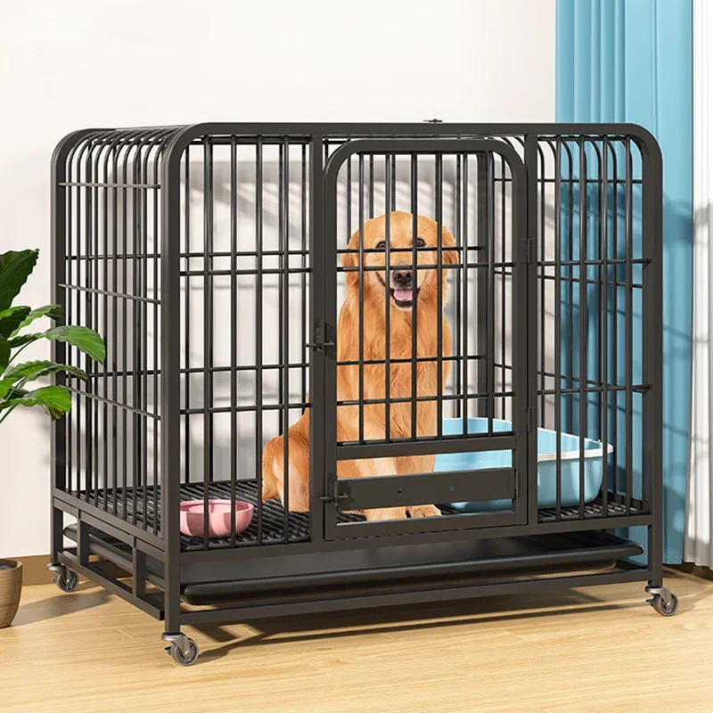 Heavy Duty Metal Dog Cage with Wheels 95x85x65cm Large Dog Kennel Crate with Double Doors Lockable Pet Playpen Removable Tray