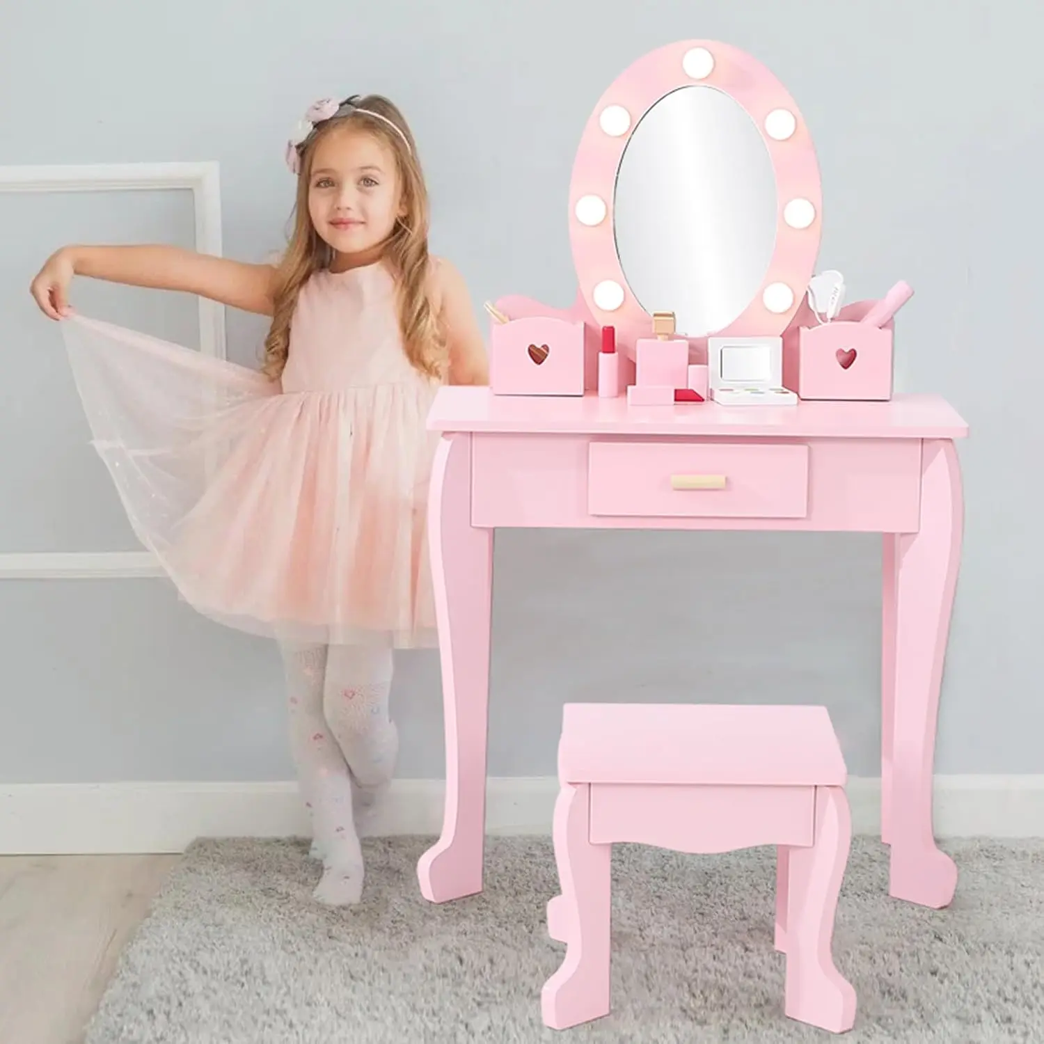 ' Vanity Set with Mirror and Light, Makeup Table and Stool for Girls, Vanity Table and Chair Set with Wood Makeup Playset fo